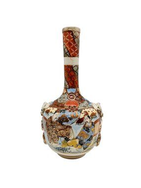 Antique Japanese Satsuma Bottle Vase Molded Ribbon Handles Hand Painted 10.25"